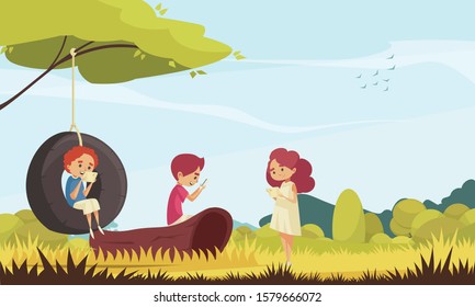 Gadget addiction carton vector illustration with with children and adult person on nature communicating by different gadgets