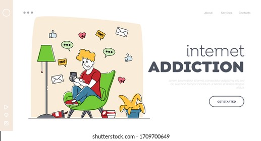 Gadget Addiction, Cellphone Communication Landing Page Template. Woman Character Looking on Screen of Smartphone Write Messages in Social Media on Mobile Phone in Internet. Linear Vector Illustration