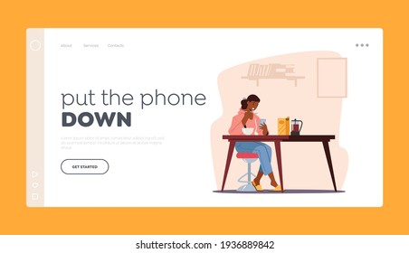 Gadget Addiction, Cellphone Communication Landing Page Template. Young Woman Having Breakfast with Smartphone in Hands, Girl Looking on Screen Writing Messages in Internet. Cartoon Vector Illustration