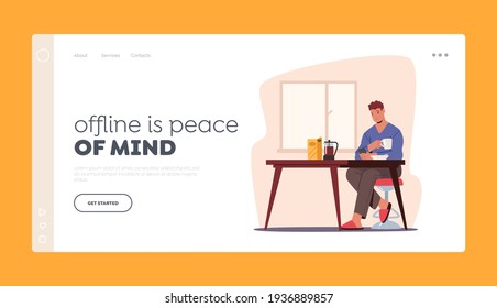 Gadget Addiction, Cellphone Communication Landing Page Template. Man Has Breakfast with Smartphone in Hands, Male Character Look on Phone Screen Write Messages in Internet. Cartoon Vector Illustration