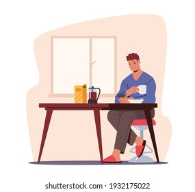 Gadget Addiction, Cellphone Communication. Young Man or Teenager Having Breakfast with Smartphone in Hands, Male Character Look on Phone Screen Write Messages in Internet. Cartoon Vector Illustration