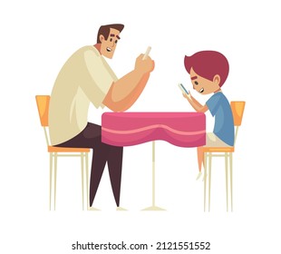 Gadget addiction composition with father and child sitting at dining table while chatting in smartphone vector illustration