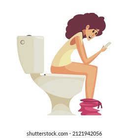 Gadget addiction composition with female character sitting on toilet bowl while chatting in smartphone vector illustration