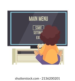 Composición de adicción al gadget con un niño sentado frente a la televisión jugando a videojuegos ilustración vectorial