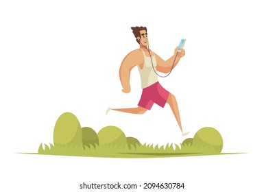 Gadget addiction composition with outdoor scenery and running man in sportswear holding smartphone vector illustration