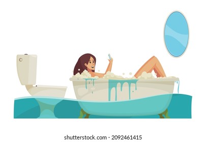 Gadget addiction composition with view of girl taking bath with smartphone and flooded bathroom vector illustration