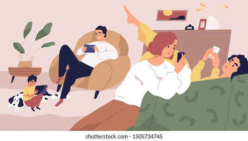 Gadget addiction concept flat vector illustration. Family using portable electronics. Social media networks users. People holding smartphones and tablets. Parents and kids spending time online.