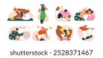 Gadget addiction concept. People using mobile phones, spending time online during eating, workout. Unhealthy bad habit. Digital device addicted. Flat vector illustration isolated on white background