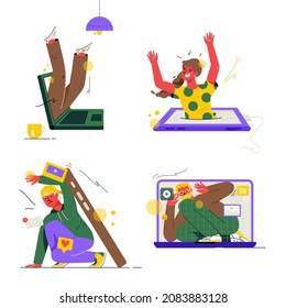 Gadget addiction concept set. People addicted to phone, laptop, tablet. Man dives into screen, woman drowns in display. Information overload. Vector character illustration isolated on white background