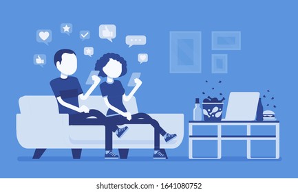 Gadget addiction, couple dependent on smartphones. People glued to screen, focusing on mobile device, social media obsession, virtual world instead routine. Vector illustration, faceless characters