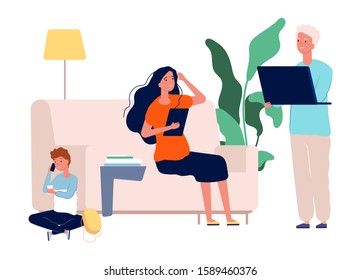 Gadget addiction. Family with laptop, tablet and smartphone. Parents and child spend time on Internet vector illustration