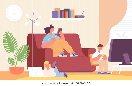 Gadget addiction. Family use gadgets, sister brother sitting in living room and play in computer or smartphone. Teen in social media utter vector concept