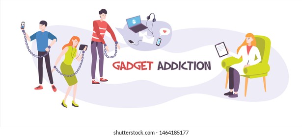 Gadget addiction flat banner with psychologist and people chained to their smartphones and tablets vector illustration