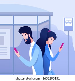 Gadget addiction flat vector illustration. Man and woman holding smartphone and chatting design element. Couple obsessed with mobile phone, relationship crisis. Modern communication technology