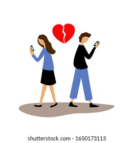Ilustración vectorial plana de adicción al gadget. Hombre y mujer sosteniendo un smartphone. Pareja obsesionada con el teléfono móvil, crisis de relaciones. Un corazón rojo roto encima de sus cabezas