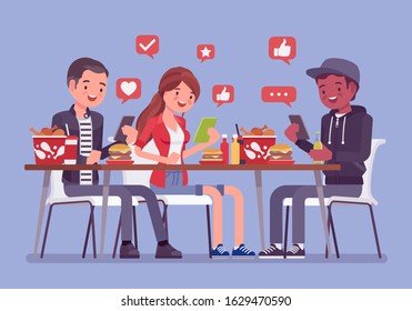 Gadget addiction, friends at dinner dependent on smartphones. Group of young people having lunch together but glued to phone screen, sharing and taking food photo, chatting online. Vector illustration