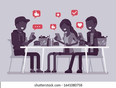 Gadget addiction, friends at dinner dependent on smartphones. Group of people having lunch glued to phone screen, sharing, taking food photo, chatting online. Vector illustration, faceless characters