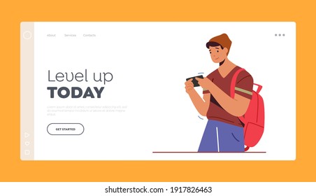 Gadget Addiction, Gaming Hobby Landing Page Template.Teenager Student Male Character Looking on Screen of Smartphone Gaming or Writing Messages on Mobile Phone in Internet. Cartoon Vector Illustration