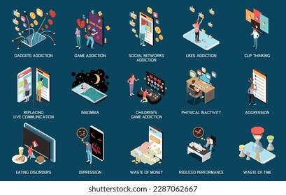 Gadget addiction icons set with technology misusage symbols isolated vector illustration