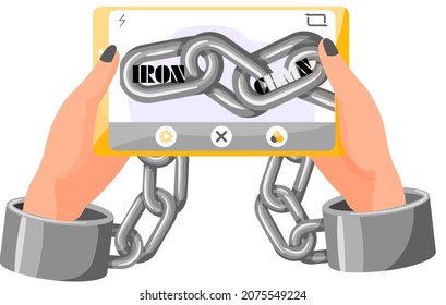 Gadget addiction iron chain that ties together hand and smartphone in concept of social media and internet nomophobia and digital detox. Social problem mobile phone addiction public disease