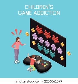 Gadget addiction isometric concept with child playing game console vector illustration