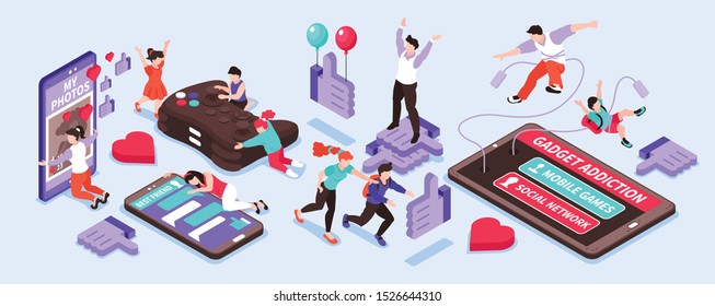 Gadget addiction isometric narrow set with social network and games symbols isolated vector illustration