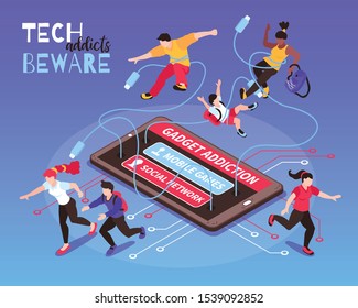 Gadget addiction isometric poster with mobile games symbols vector illustration