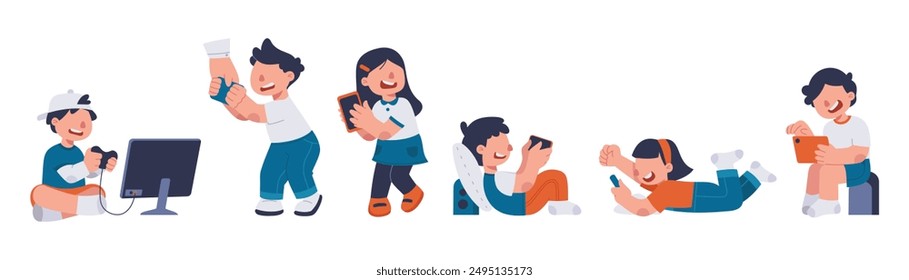 Gadget addiction in kids. Boys and girls with phones, computer and tablets. Children playing video games. Flat vector illustration
