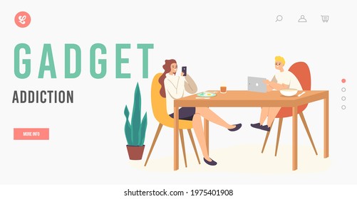 Gadget Addiction Landing Page Template. Kids Characters Sit at Table Chatting Online Using Electronic Devices Ignore Each Other for Social Media Internet Surfing. Cartoon People Vector Illustration