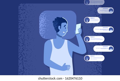Gadget addiction problem. Flat man in bed with smartphone. Man chatting at night instead of sleep vector illustration. Social media addiction, insomnia problems