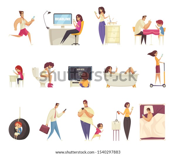 Gadget Addiction Set People Using Smartphones Stock Vector (Royalty ...