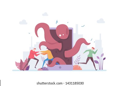 Gadget Addiction Vector Illustration Concept Showing An Octopus Monster Came Out From The Screen To Catch Addictive User, Suitable for landing page, ui, web, app card, editorial, flyer, and banner