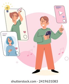 Gadget-Sucht. Vektorgrafik. Übermäßige Geräteverwendung kann Kommunikation und soziale Interaktionen von Angesicht zu Angesicht behindern Die Nutzungstechnologie, einschließlich Smartphones, ist für viele zur gängigen Gewohnheit geworden