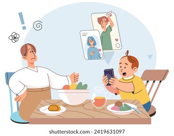 adicción al gadget. Ilustración vectorial. Internet ofrece una amplia red de comunicación e intercambio de información Las plataformas en línea y las aplicaciones de medios sociales contribuyen a los crecientes problemas