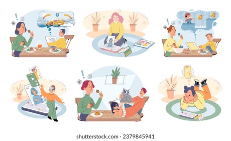Gadget addiction. Vector illustration. Users often develop dependency on their smartphones, leading to addiction The use digital devices and apps has reshaped our communication patterns Gadget