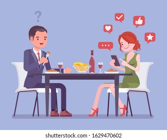 Gadget addiction, woman dependent on smartphone. Couple date in restaurant, lady taking photo of food, glued to phone screen, social media, losing touch with actual world around. Vector illustration