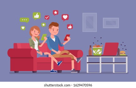 Gadget addiction, young couple dependent on smartphones. People glued to a screen, focusing on mobile device, social media obsession, virtual world instead of everyday routine. Vector illustration