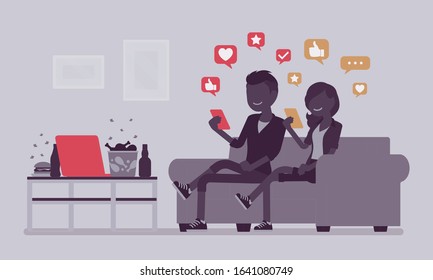 Gadget addiction, young couple dependent on smartphones. People glued to a screen, focusing on mobile device, social media obsession, virtual world. Vector illustration, faceless characters