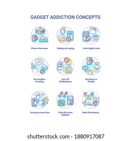 Gadget addition concept icons set. Screen time reducing idea thin line RGB color illustrations. Phone-free zones. Work-life balance. Vector isolated outline drawings. Editable stroke