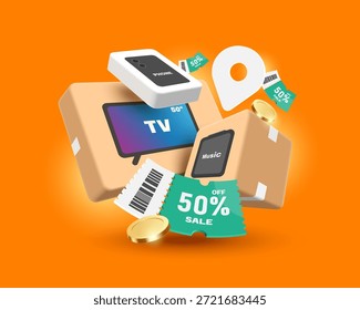 Caixa de gadget e embalagem do produto, como TV e alto-falante, estão voando no ar com sinal promocional verde 50% desconto ou etiqueta colocada no centro para design de banner de publicidade, ilustração vetorial 3d