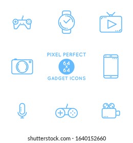 Gadget Business Thin Line Vector Icons Set. Gamepad Smart Watch Camera Smartphone Video Recorder Camcoder Microphone Smart TV Vector. Business Pixel Perfect 64x64 Icon. Business Vector Illustration