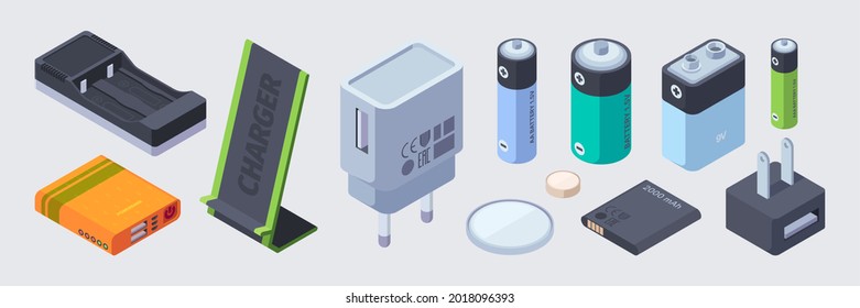 Gadget chargers. Power bank portable smart chargers for cameras and smartphones garish vector isometric illustrations