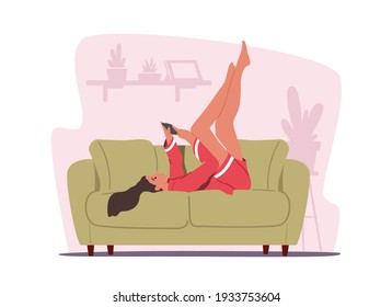 Gadget Communication Concept. Relaxed Female Character Lying at Home on Sofa Looking on Screen of Smartphone Reading or Writing Messages on Mobile Phone Online in Internet. Cartoon Vector Illustration