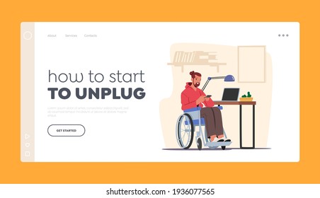 Gadget Communication Landing Page Template. Handicapped Character on Wheelchair at Home Looking on Screen of Smartphone Writing Messages or Watch Video on Mobile Phone. Cartoon Vector Illustration