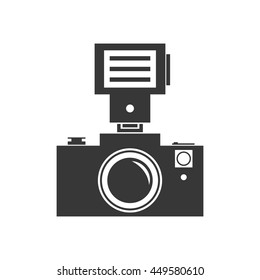 Gadget concept represented by silhouette of camera with flash icon. Isolated and flat illustration 