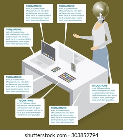 Gadget concept. Vector 3d flat isometric woman, cell phone, laptop and touch pad on presentation