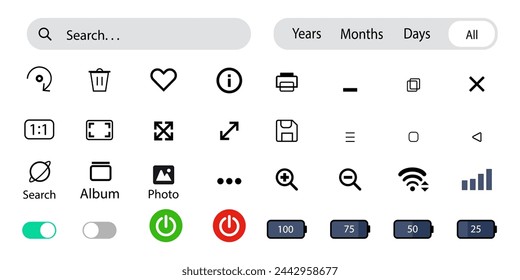 Gadget control icons Vector. Smartphone device, gadgets set icon for navigation. Mobile apps line icons. Search icon.