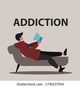Gadget dependence. Young internet addict lying on couch with smartphone, grey background. Vector illustration in flat style