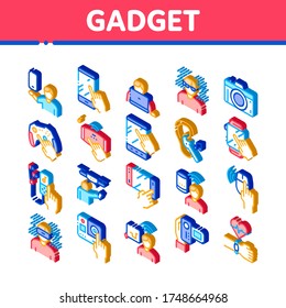 Gadget And Device Collection Icons Set Vector. Smartphone And Tablet, Photo And Video Camera, Drone And Play Joystick Gadget Isometric Illustrations