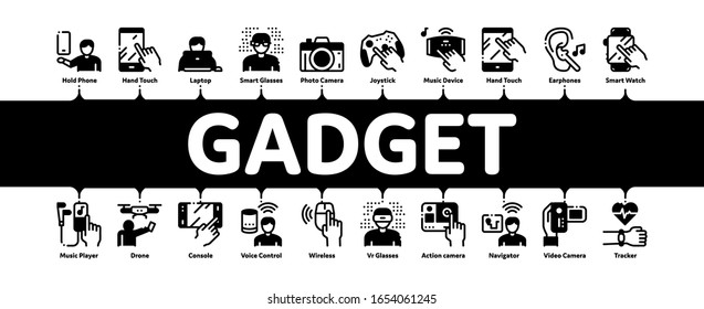 Vector De Banner Web Infográfico Mínimo De Gadget Y Dispositivo. Smartphone Y Tablet, Cámara De Fotografía Y Vídeo, Drone Y Reproducir Ilustraciones De Joystick Gadget